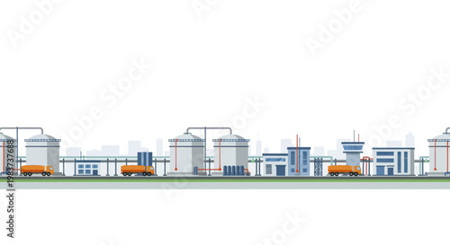 Industrial factory complex with storage tanks and transport vehicles.