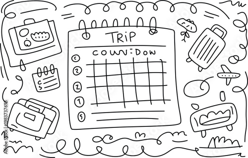 Hand drawn travel planning calendar with suitcases and airplane icons for organizing your next vacation