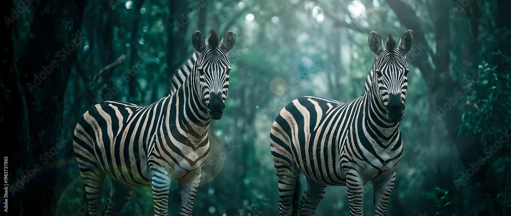 Naklejka premium Two zebras standing in mystical forest with ethereal lighting and bokeh effects creating dreamy wildlife scene for nature photography and animal themed designs.
