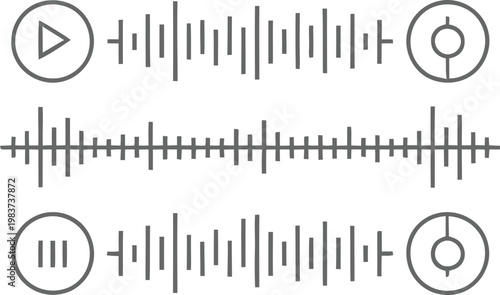 Audio frequency waveforms with interactive playback buttons for modern music streaming and media player user interfaces