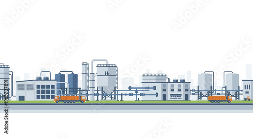 Industrial Landscape with Factories, Tanks, and Pipelines.