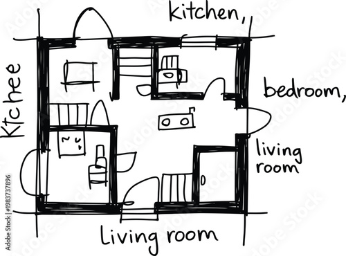 Hand drawn floor plan sketch illustrating a residential home layout with labelled living spaces and rooms