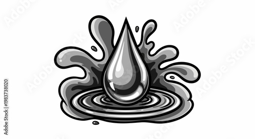 Detailed illustration of a water droplet with ripples and splashes.