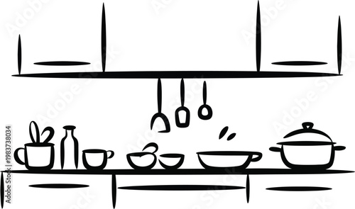 Simple line illustration of a modern kitchen counter with various cooking utensils and dinnerware items