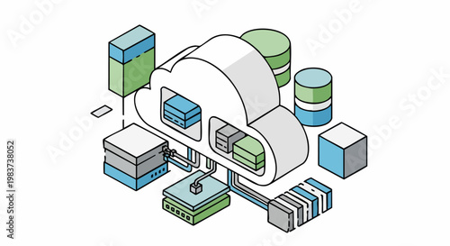 Isometric Cloud Computing Infrastructure with Servers and Databases.