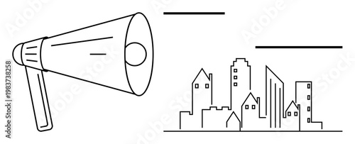 Public relations, urban development, community outreach, city planning, announcements, marketing. Minimal line art of a megaphone and cityscape. Public relations and urban development concept