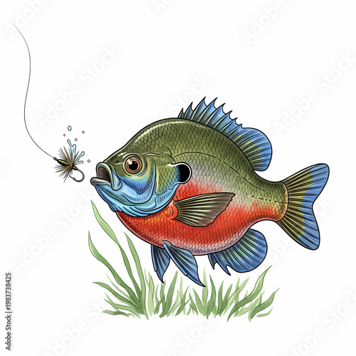 Illustration of a bluegill sunfish in a classic vintage artistic style with detailed scales and fins