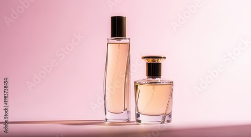 Elegant cosmetic mockup featuring elegant glass perfume bottles reflecting soft premium studio lighting isolated on a clean pastel background to present organic wellness products.