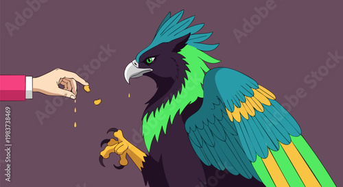Mythical griffin creature illustration, fantasy hippogriff being fed by hand, colorful legendary beast vector art with vibrant feathers