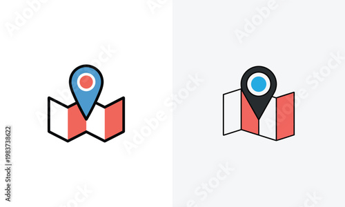 Vector icons of map pin locations on folded maps for navigation and direction vector 