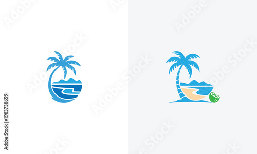 Tropical palm tree icons with beach and coconut vector graphics for travel and summer concepts vector 