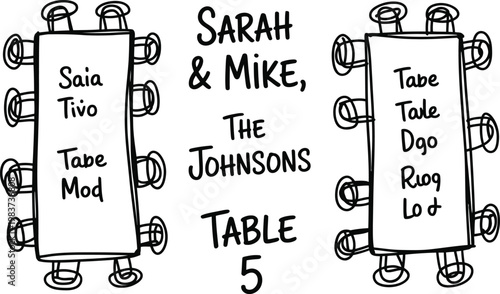 Hand drawn wedding reception seating plan diagram featuring rectangular tables with guest names and numbers