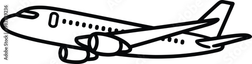 Simple black and white line drawing of a commercial passenger jet plane in mid flight motion