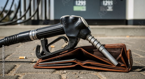 Fuel pump nozzle on an empty wallet at a gas station. Concept of high gas prices and fuel crisis. Economic impact of rising energy costs on personal finance