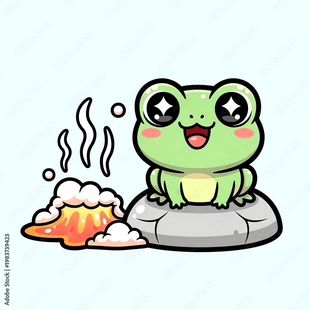 Obraz premium Cute Frog Sitting on Rock Next to Volcano.