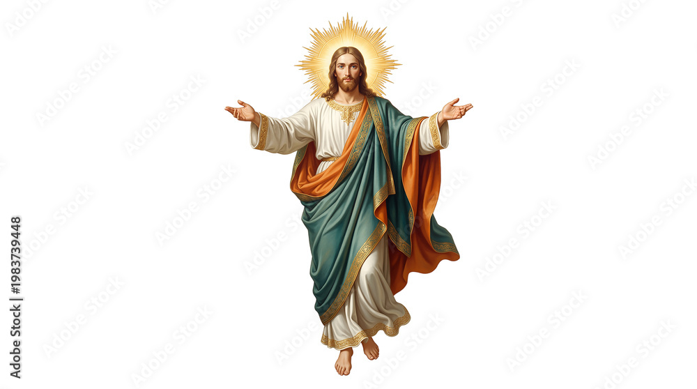 Fototapeta premium Jesus Christ illustration open arms halo, transparent background png