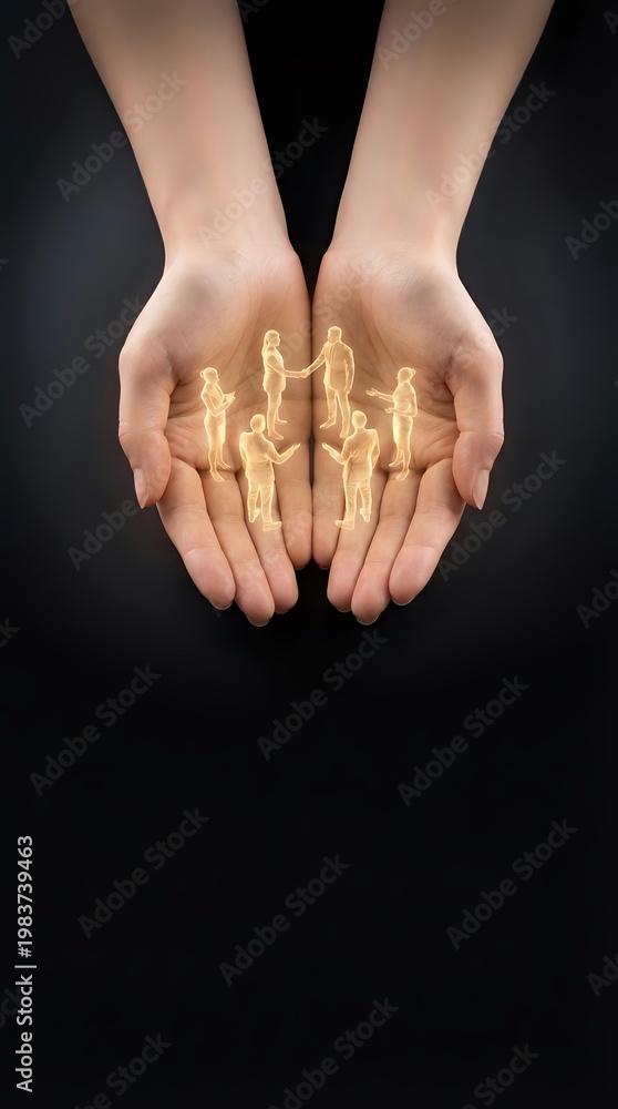 Obraz premium Protective hands holding glowing family figures representing care, support and unity in human resources and life insurance concepts.