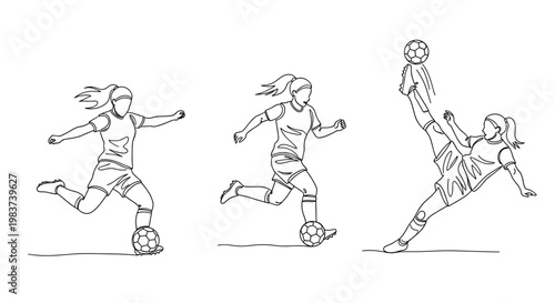 Dynamic Female Soccer Player Action Sequence Line Illustration on White Background