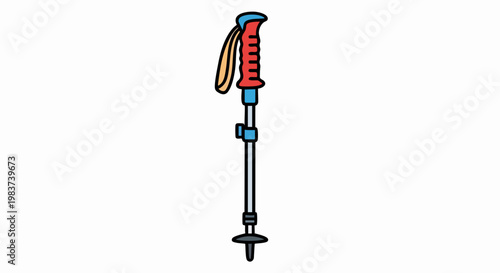 Red and blue hiking pole with a comfortable grip for outdoor activities.