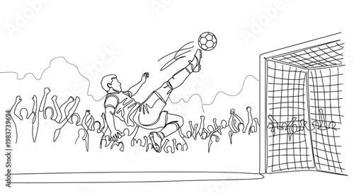 Dynamic soccer player performs acrobatic bicycle kick on field line art illustration