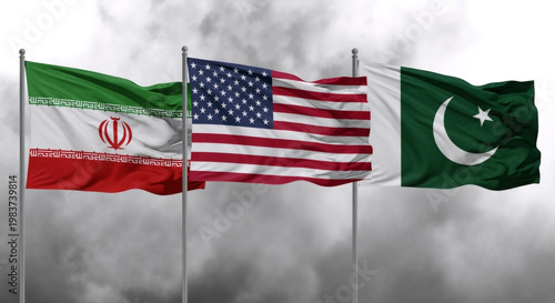 National flags of Iran, USA, and Pakistan waving on poles against a cloudy sky. Geopolitical relations and international diplomacy concept. Global politics and foreign policy background