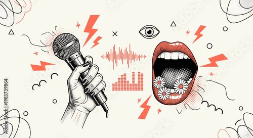 Dynamic retro illustration of a hand holding microphone open mouth with daisies