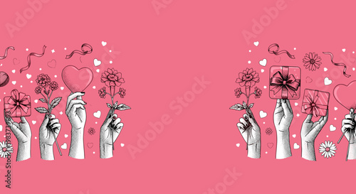 Illustration of Hands with Gifts Hearts and Flowers for Romantic Occasions