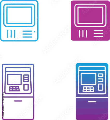 Automated teller machine icons set featuring banking terminal kiosks for secure cash transactions and financial services