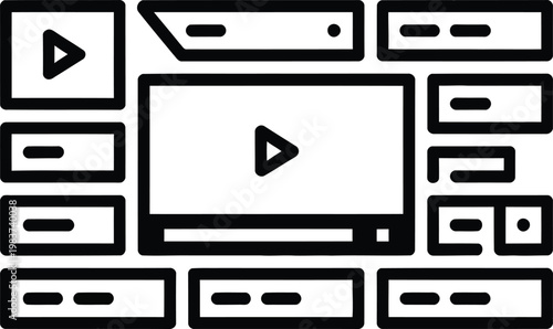 Modern website user interface layout showing a large central video player with surrounding content navigation bars