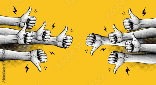 Illustration of Multiple Gray Hands Giving Thumbs Up and Thumbs Down Gestures