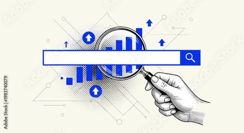 Illustration of Hand Holding Magnifying Glass Over Search Bar with Data Elements