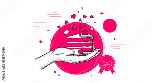 Illustration of Hand Hold Cake Slice with Decorative Elements and Vibrant Colors