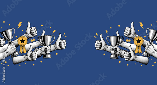 Illustration of Multiple Hands Holding Trophies and Gesturing Thumbs Up on Blue