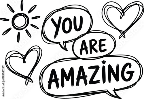Hand drawn inspirational quote you are amazing with sun and heart doodles for positive expression