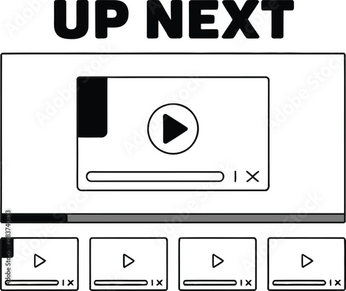 A collection of video streaming interface elements featuring an up next queue for digital media navigation