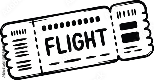 Hand drawn monochrome boarding pass stub for international airline travel and adventure vacation trip planning