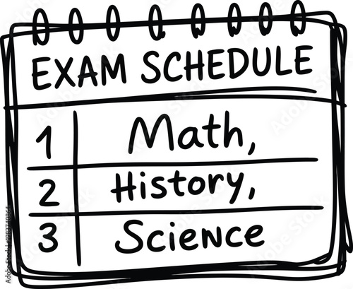 Hand drawn notebook page featuring a simple list of academic exam subjects for students to study