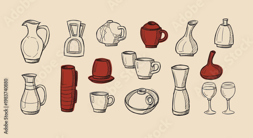 Collection of Hand-Drawn Kitchenware and Drinkware Items.