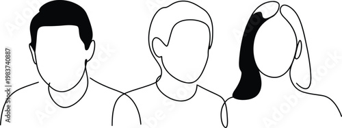 Minimalist portraits of three diverse people featuring simple continuous contour line faces for modern style projects