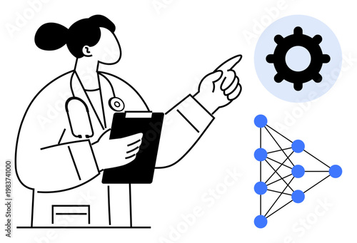 Artificial intelligence in healthcare. Doctor pointing at network structure highlighting AI and medical advancements. Artificial intelligence aiding diagnostics and patient care. Healthcare