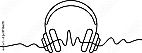 Minimalist line drawing of stereo headphones integrated with a sound wave for music and audio enthusiasts