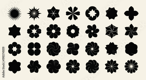 Collection of various black abstract floral and star-shaped geometric designs.