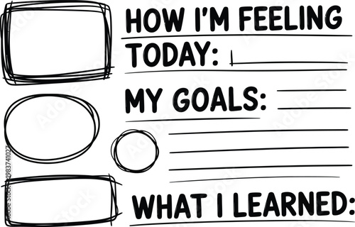 Daily planner sheet featuring sections for personal feelings goals and reflections written in hand drawn style