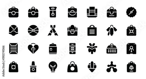 Collection of various black silhouette icons representing different objects and concepts.
