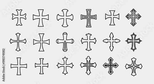 Collection of various Christian cross designs in outline style.