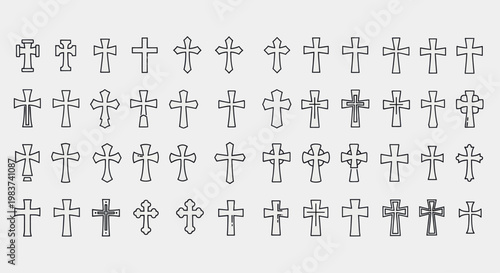 Collection of various Christian cross outlines in a grid pattern.