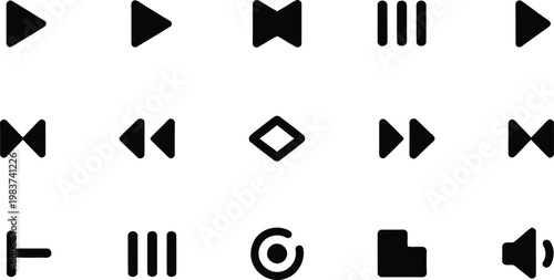 Collection of black media player control buttons used for digital interfaces and website navigation menu bars
