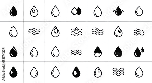 Collection of water drop and wave icons in black and white.