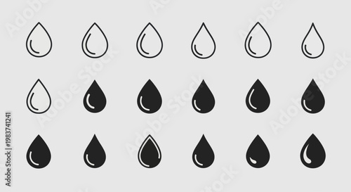Collection of water drop icons in various styles and fills.