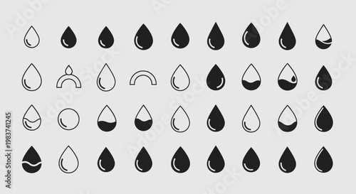 Collection of water drop icons in various styles and fills.